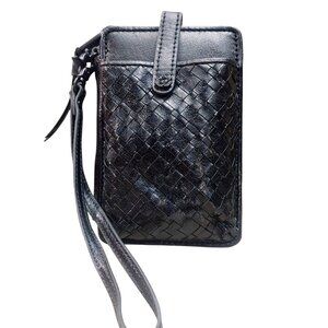 Elliott Lucca Black Leather Wristlet Wallet Card Phone Holder Clutch Woven Zip